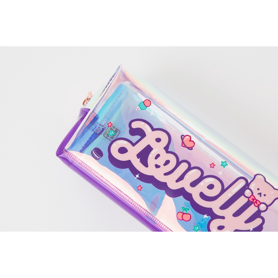 Túi Đựng Bút ARTBOX Hàn Quốc PVC Màu Tím Hologram Họa Tiết Chú Gấu Hoạt Hình Đáng Yêu