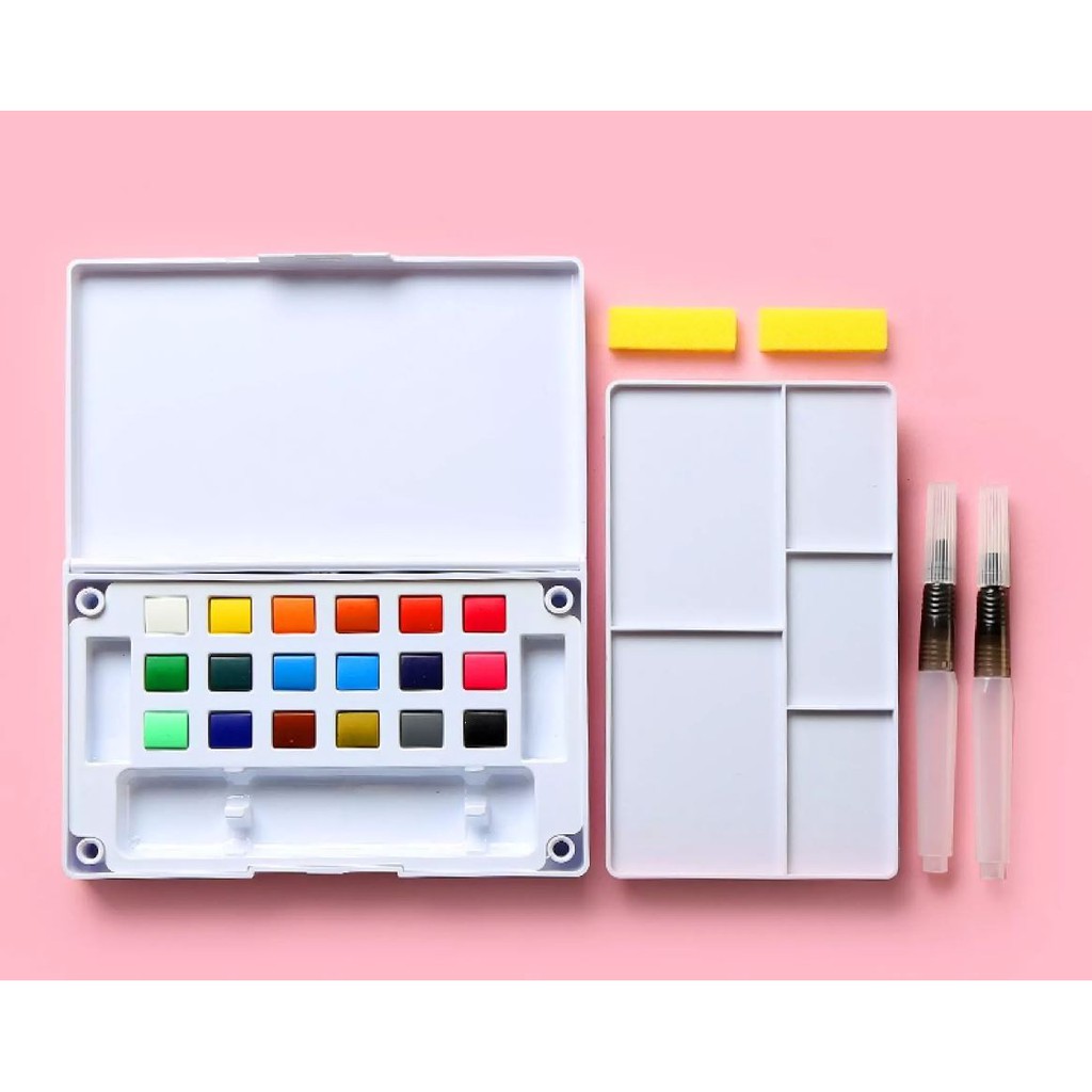 Bộ Màu Nước Dạng Nén Solid Water Color Tặng Kèm 2 Bút Nước, 2 Mút, 1 Palette - 18 Màu