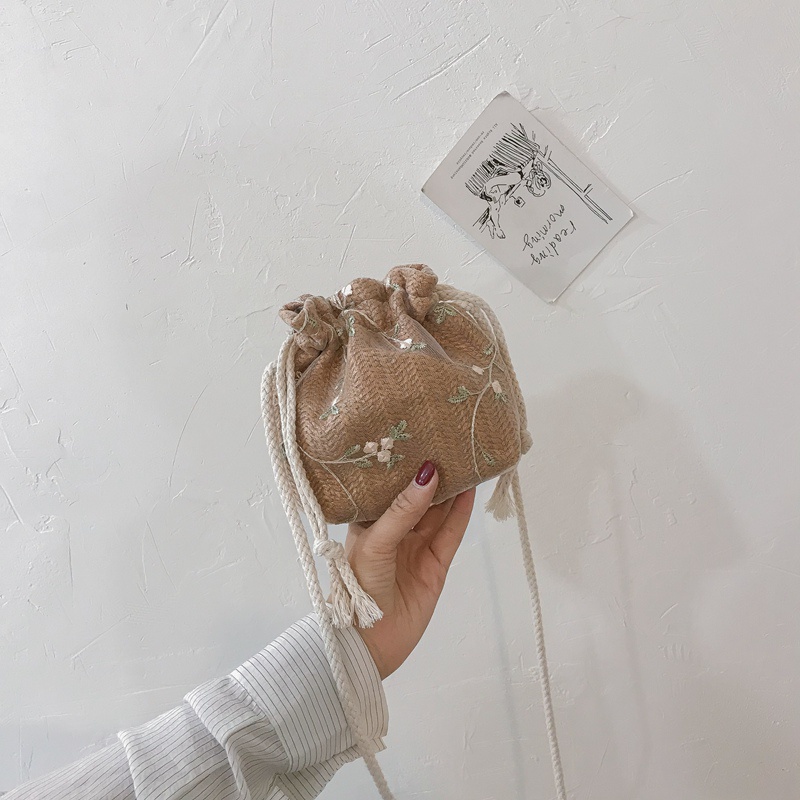 Túi Xách Nữ Túi Cói Đeo Vai Dáng Xô Dây Rút Phối Ren Dễ Thương Thời Trang Cho Nữ