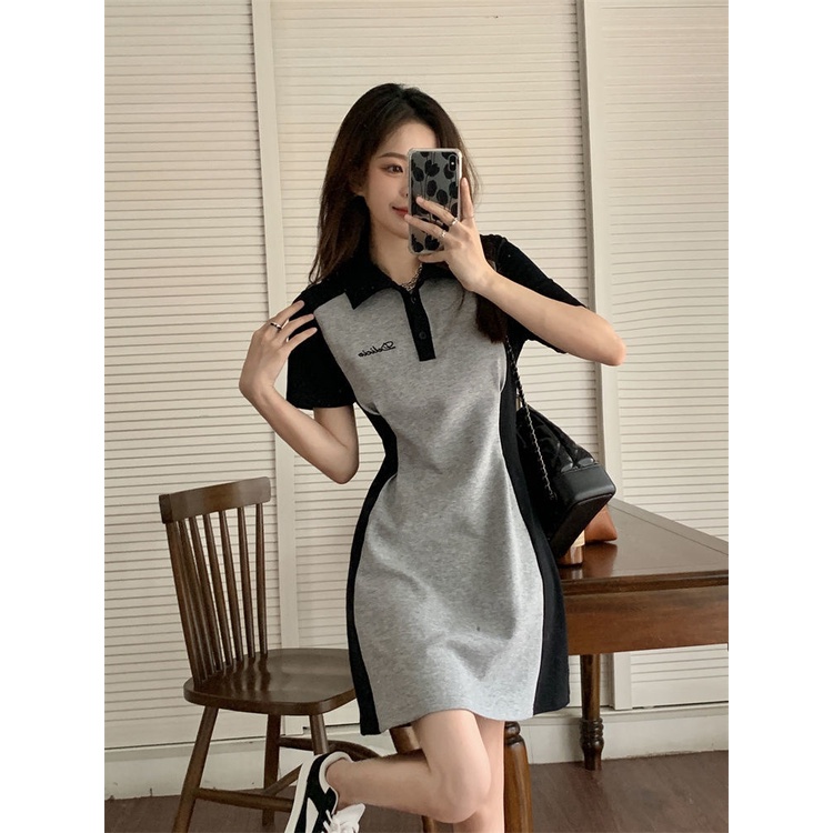 Đầm Cổ polo Tay Ngắn Dáng Ôm Màu Sắc Tương Phản Phong Cách Hàn Quốc Thời Trang Cho Nữ