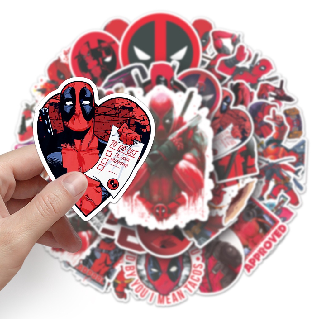 Combo 30 Sticker Hình Dán Chống Nước Decal Điện Thoại Laptop Nón Mũ Bảo Hiểm Vali Đàn Bình Nước Sổ Tay [DEADPOOL MAVEL]