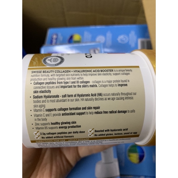 Viên uống trắng da collagen cấp nước, cấp ẩm Swisse Beauty Collagen + Hyaluronic Acid Booster 80 viên