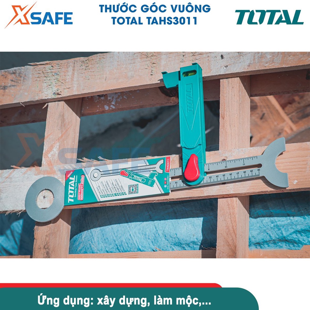 Thước góc vuông TOTAL TAHS3011 chiều dài 300mm, nhựa PC và sợi thủy tinh, có mực nước thủy cân bằng, hệ đo mét và inch