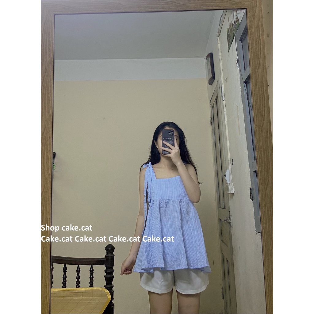 [Video ảnh thật] Set Áo Babydoll Buộc Nơ Vai Xanh Phối Cùng Quần Short Trắng