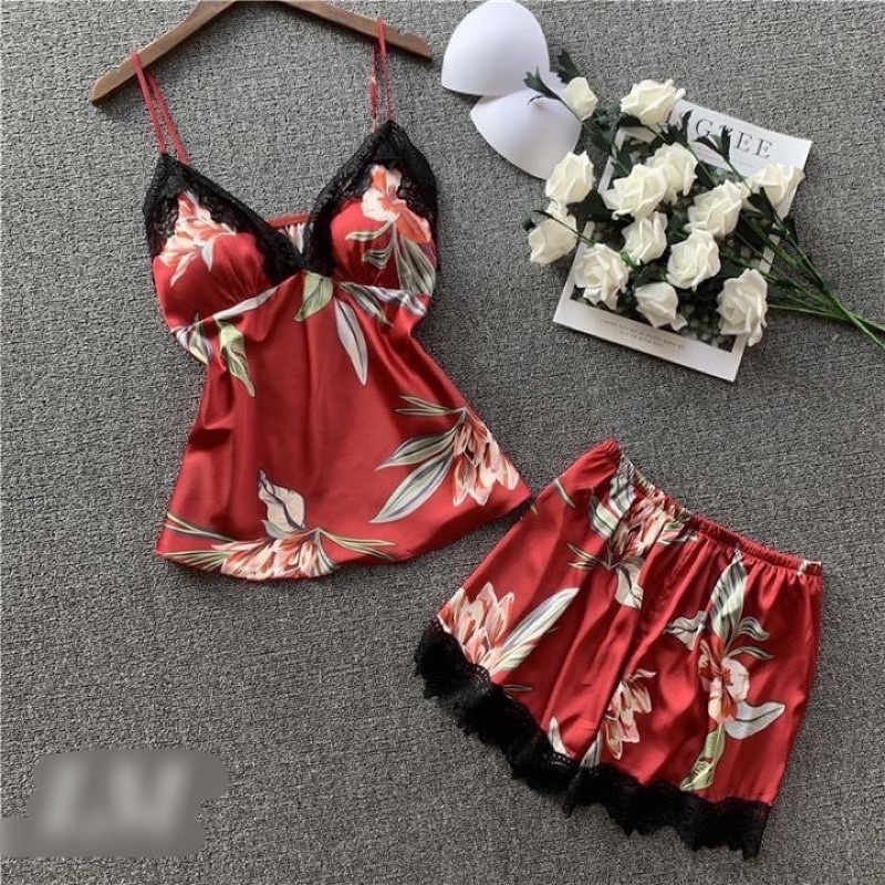 Bộ lụa hoa pha ren đen