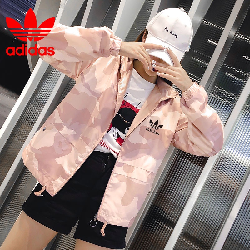 Adidas Áo Khoác Bóng Chày Tay Dài Dáng Rộng Thoáng Khí In Họa Tiết Rằn Ri Màu Hồng Thời Trang Cho Nữ