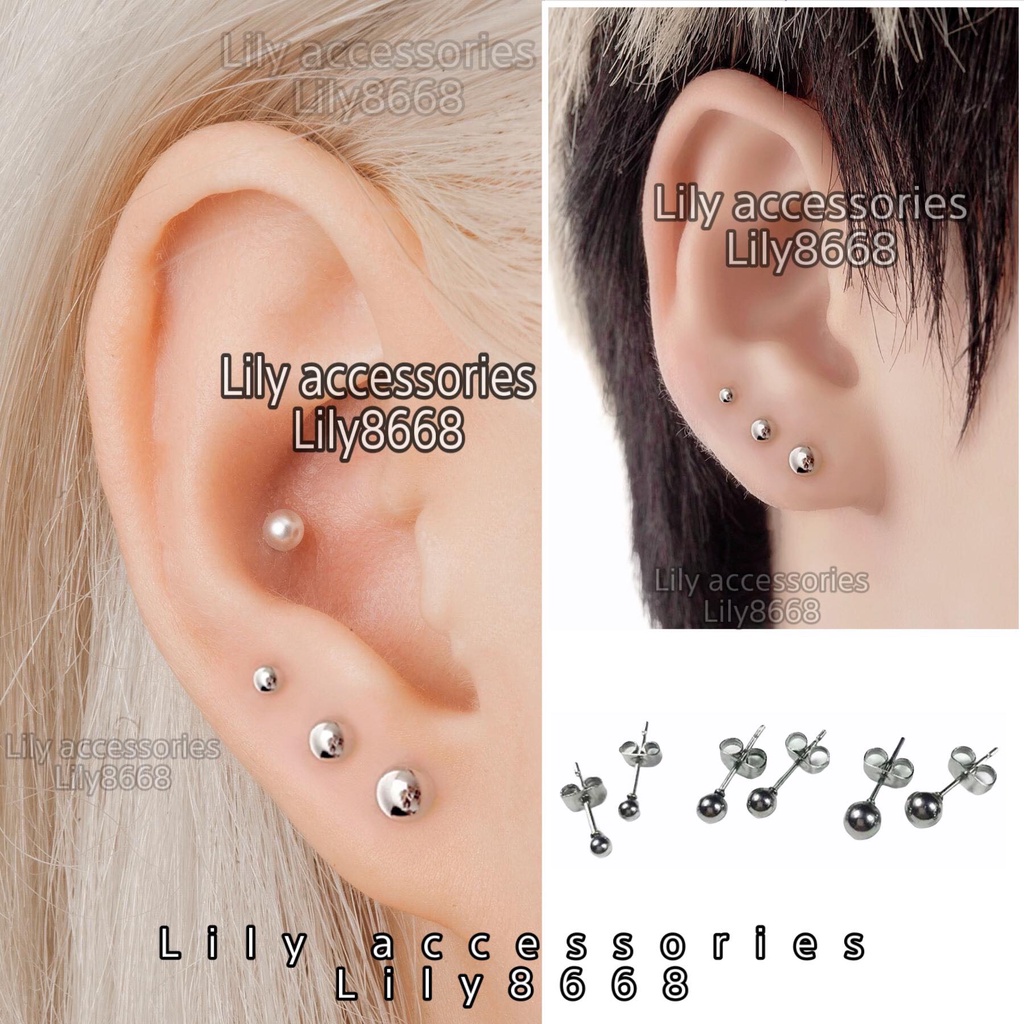 Khuyên tai titan bi tròn màu bạc không gỉ không đen không dị ứng nam nữ unisex