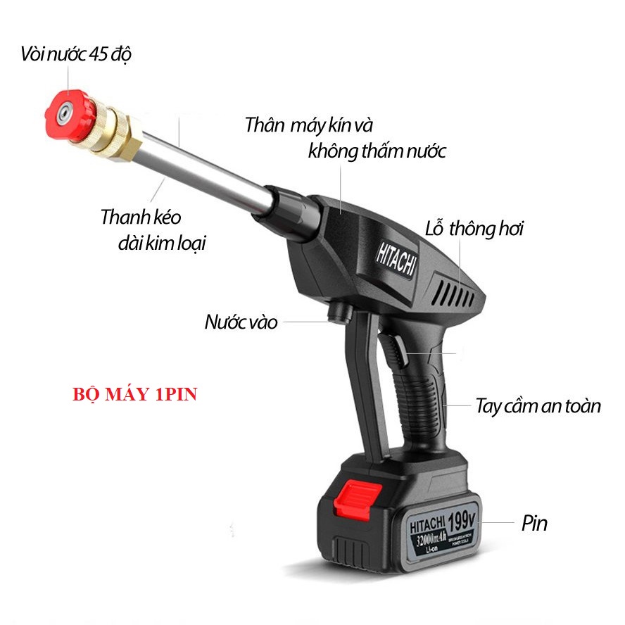 [MUA KÈM DEAL SỐC 0đ] Máy rửa xe, vệ sinh, tưới hoa cầm tay dùng pin HITACHI 199V–Áp lực mạnh-Công suất 1400W