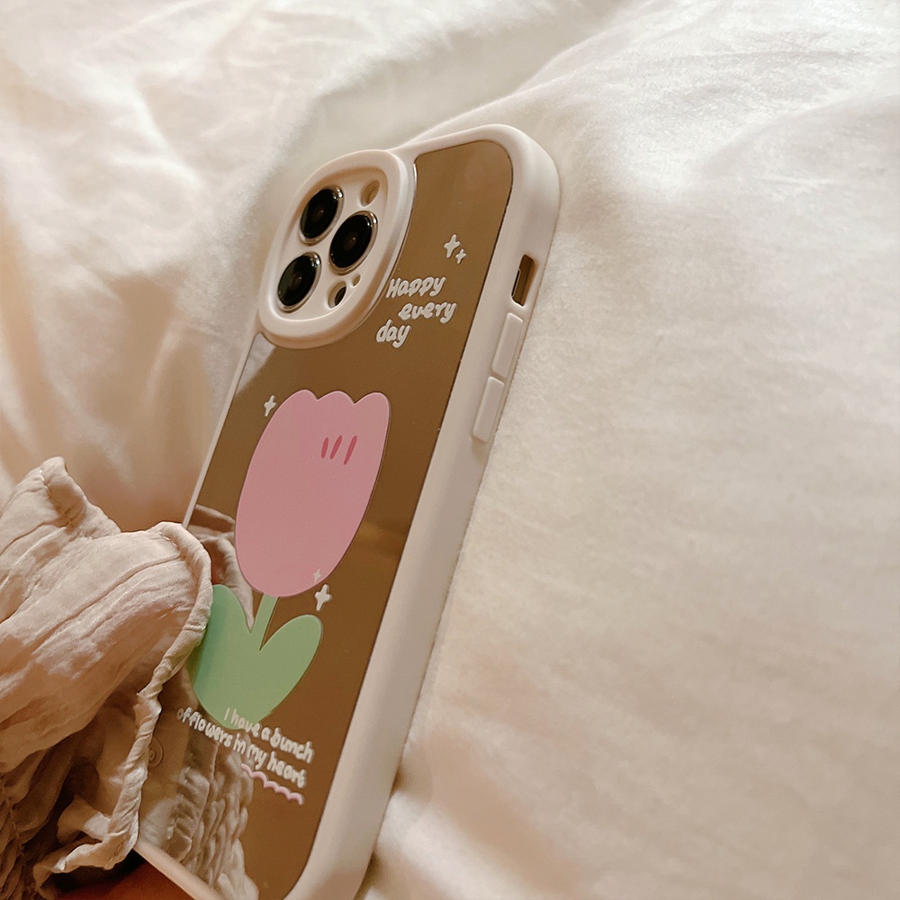Ốp Điện Thoại Mềm Tráng Gương Hình Hoa tulip Màu Hồng Cho iphone 7 8 plus x xr xs 11 12 13 14 15 mini pro max