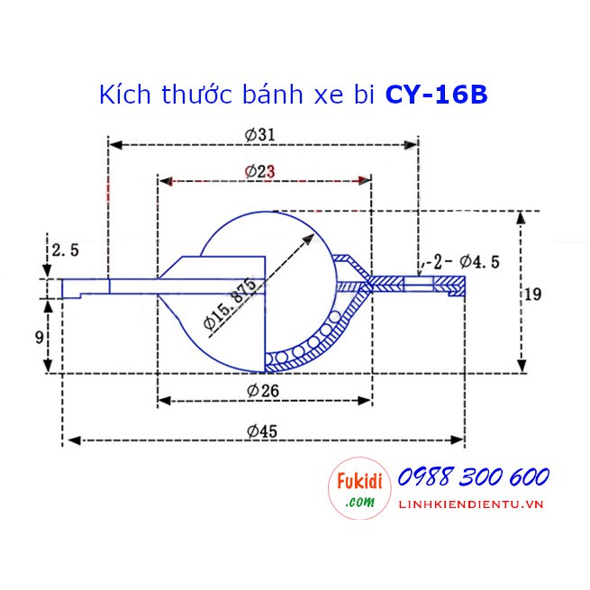 Bánh xe bi cầu inox 304, Ø16mm CY-16B tải trọng 15kg - CY16BI
