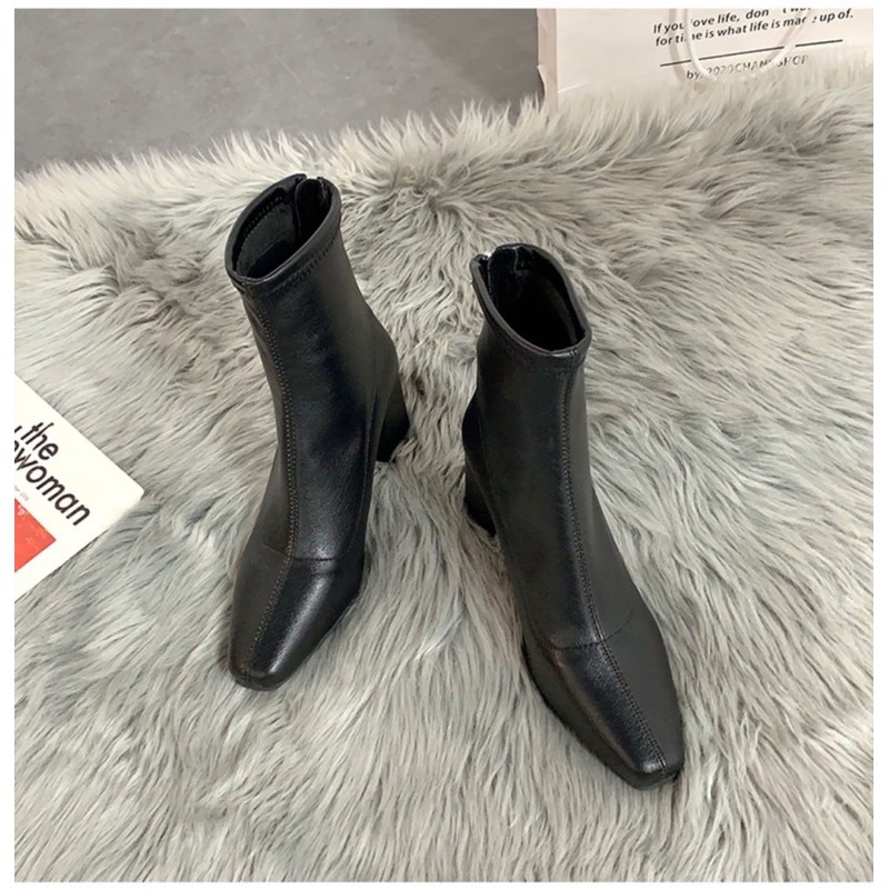 HENNE - Boots basic đen da mềm gót vuông 8cm