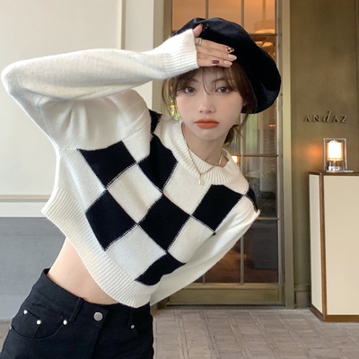 Áo Thun Dệt Kim Tay Dài Họa Tiết Caro Màu Sắc Tương Phản Phong Cách Hàn Quốc Cho Nữ