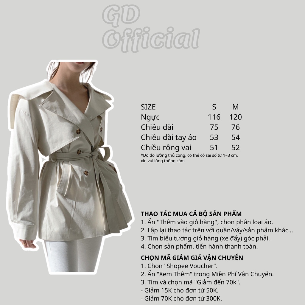 K37|Áo khoác gió nữ mangto sơ mi polo dáng vest ngắn blazer dài tay suông rộng buộc eo phồng trơn trắng GD Official