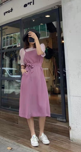 Set váy hai dây yếm kèm áo sơ mi tay bồng Ulzzang style  Hàng Quảng Châu