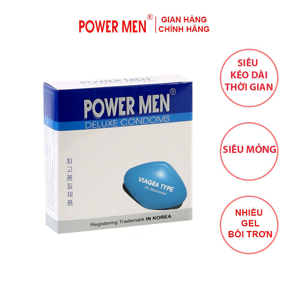 Bao cao su Powermen Viagra Siêu mỏng, kéo dài thời gian Hộp 3 bao (Vra3)