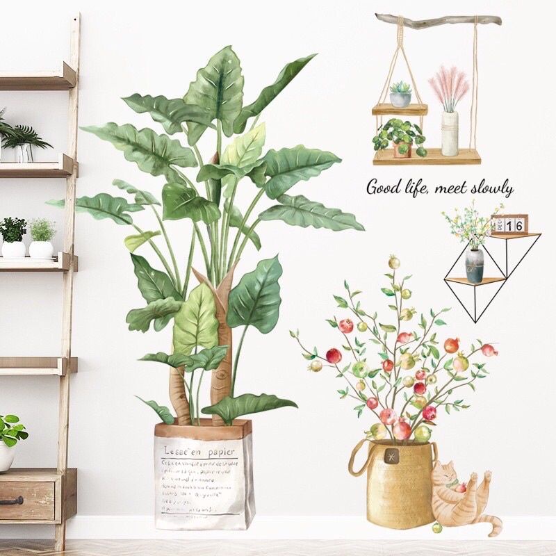 Decal dán tường, tranh dán tường phong cách hàn quốc chậu cây và mèo