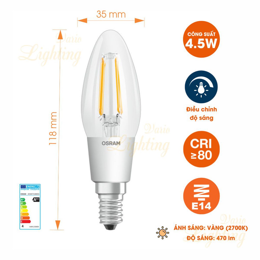 Bóng đèn LED nến Classic B40 4.5W E14 Dimmable OSRAM -  Thiết kế cổ điển cho đèn chùm