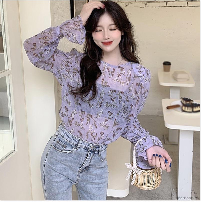 [MGG] Áo Sơ Mi Chiffon Tay Dài Ống Loe Cổ Tròn In Họa Tiết Xinh Xắn Cho Nữ