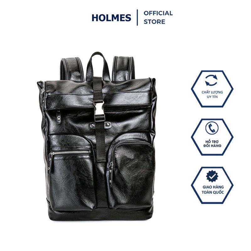 Balo Da Nam Nữ Nắp Gập Đi Phượt, Đi Du Lịch Da Mềm Màu Đen Holmes Size Lap 15,6 Inch