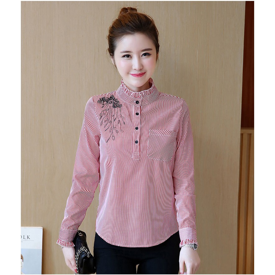 Áo Sơ Mi Nữ Sọc Thêu Mùa Thu MS0111A