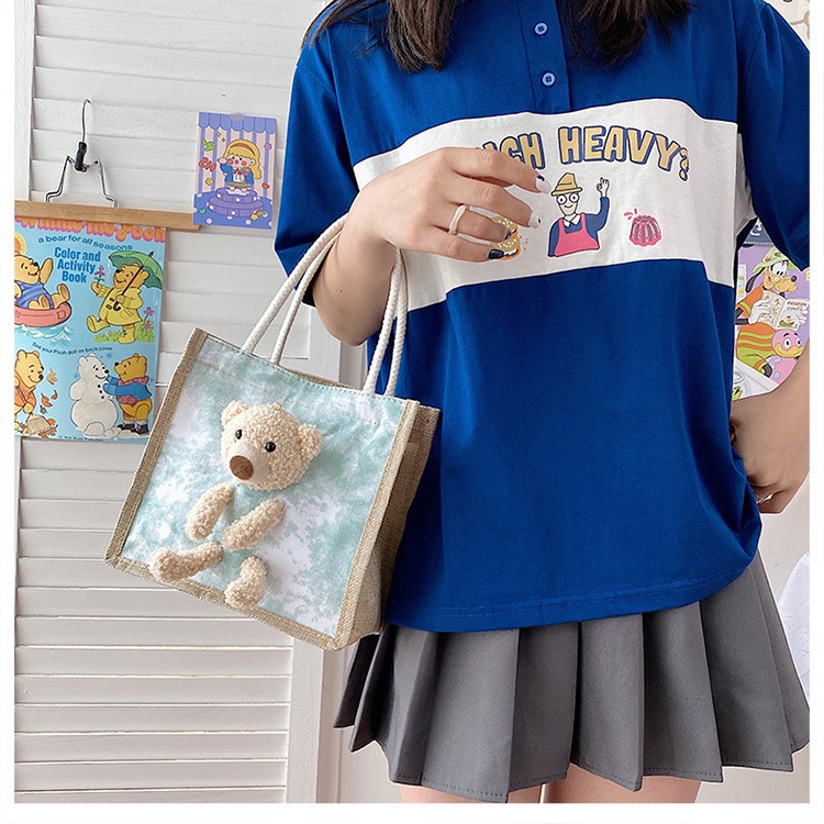 Túi cói tote mini Loang Gấu Phong cách Hàn Quốc TC004