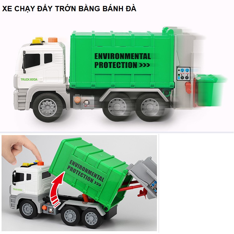 Mô hình xe ô tô chở rác có đèn và âm thanh nâng được thùng rác đồ chơi trẻ em mô hình tỉ lệ 1:12