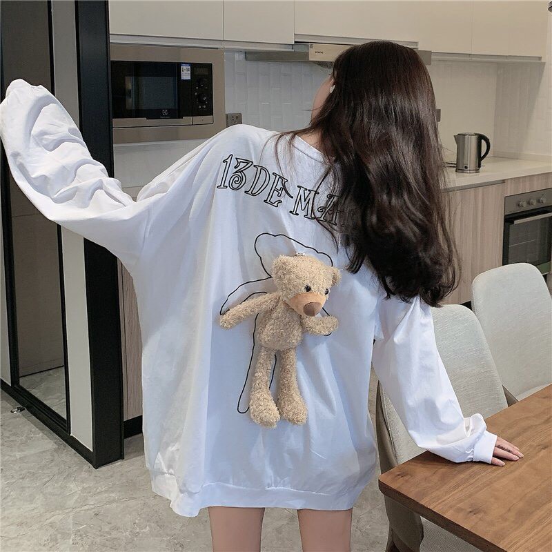 Giá Sỉ Siêu Đẹp -  Áo Nỉ Gấu Bông Đeo Lưng Cài Nhiều Kiểu - Áo Sweater 13De Marzo Đen Trắng Hồng Xanh Unisex