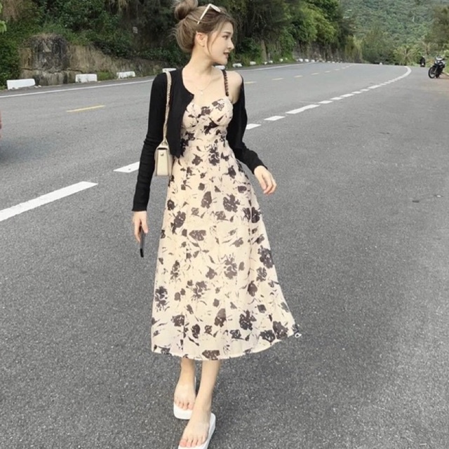 Set Đầm Dữ Dáng Dài Có Đệm Ngực Nhún Eo Kèm Áo Khoác Ngoài Đẹp