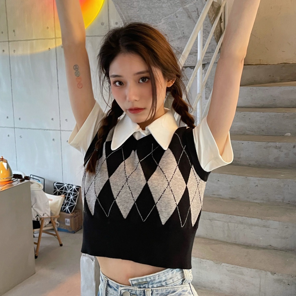 Áo len không tay cổ chữ v họa tiết kim cương thời trang cho nữ