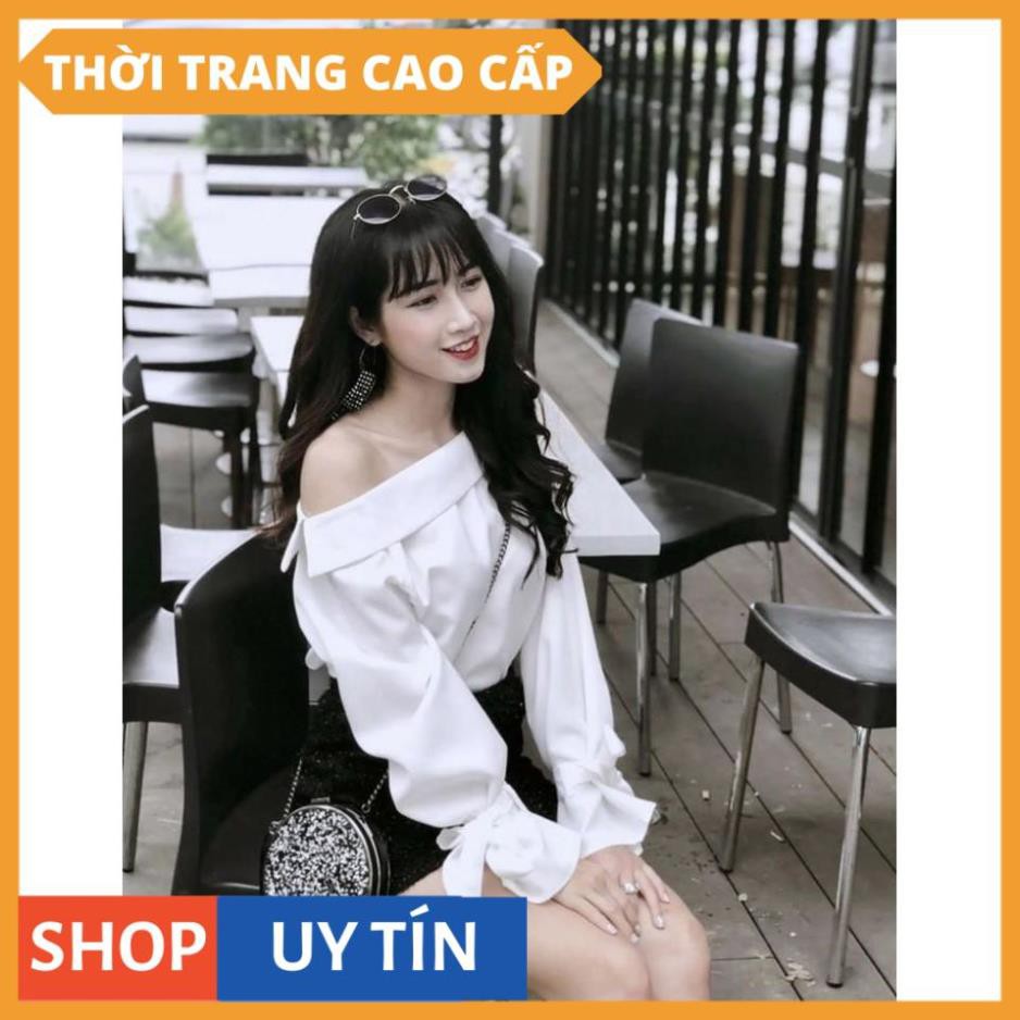 Áo trắng lệch vai nữ tay phồng cột nơ xinh xắn [HÀNG CAO CẤP]