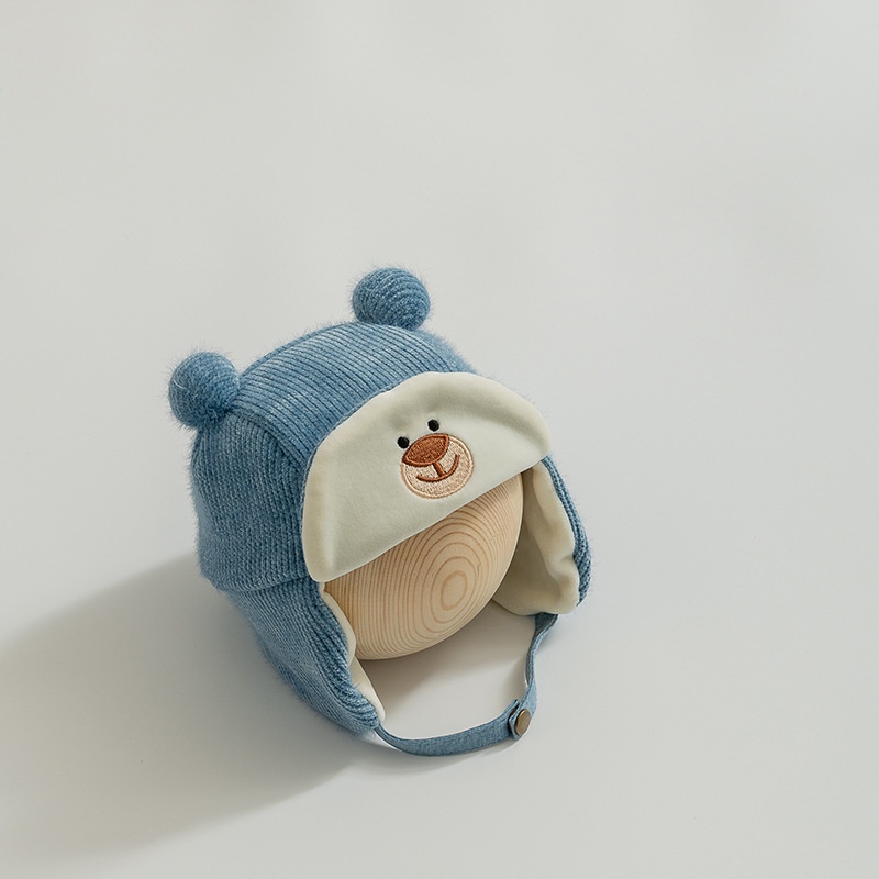 Mũ Tai Bèo Dày Dặn Thêu Họa Tiết Gấu Hoạt Hình Dễ Thương Giữ Ấm Mùa Thu Đông Cho Bé