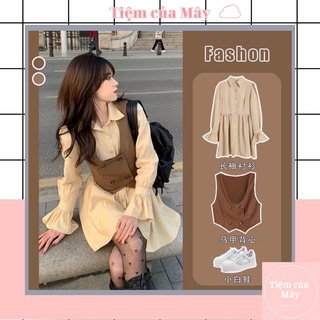 Set váy sơ mi gile bò nâu siêu xịn phong cách