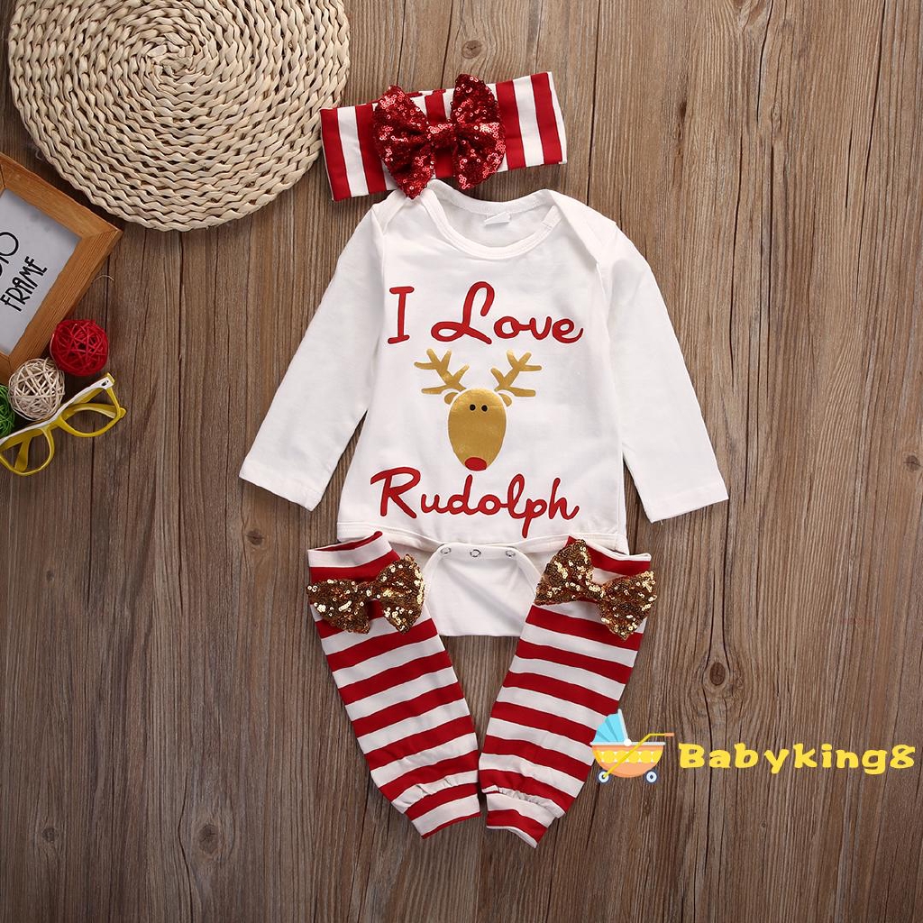 Set đồ ba món áo liền thân in hình tuần lộc + vớ giữ ấm ống chân + băng đô họa tiết Giáng sinh đáng yêu cho em bé