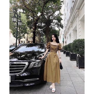 váy nhún ngực cổ vuông