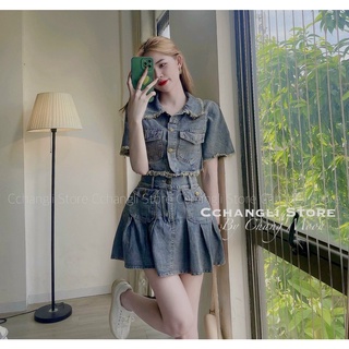 Set áo jeans croptop kèm chân váy