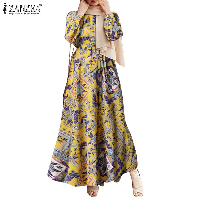 Đầm maxi Zanzea tay dài cổ tròn họa tiết hoa phong cách hồi giáo thời trang cho nữ