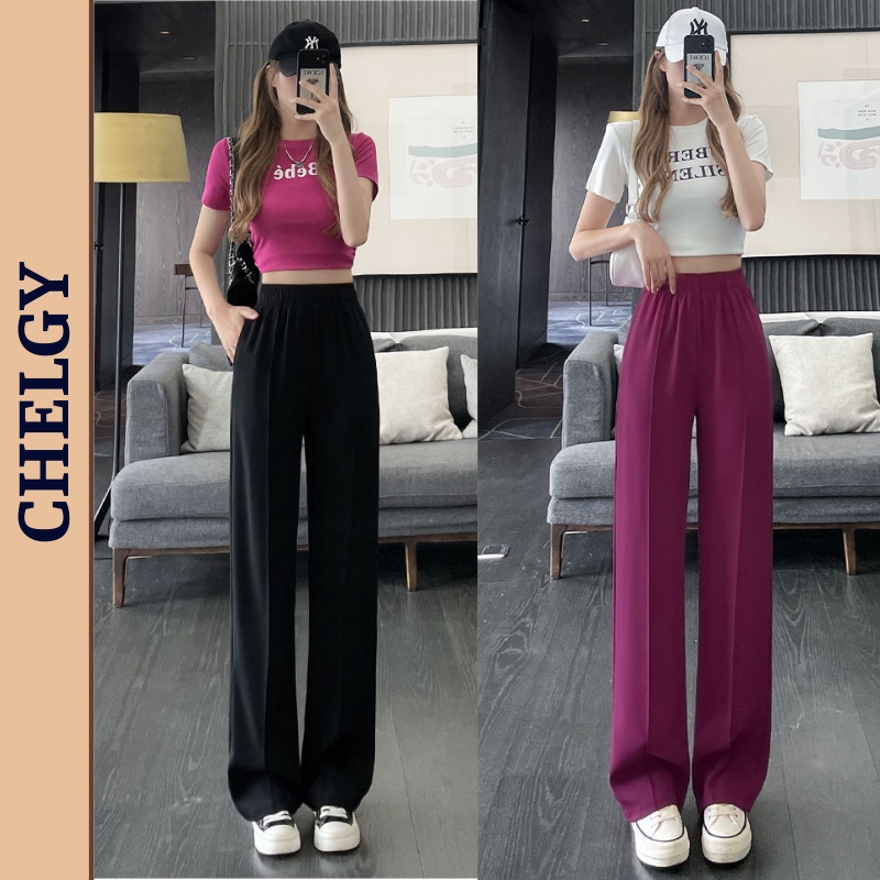 Quần ống rộng nữ Chelgy cạp CHUN cao dáng suông màu Tím, đen vải Cotton Hàn, quần vải nữ culottes bigsize CG-VR402