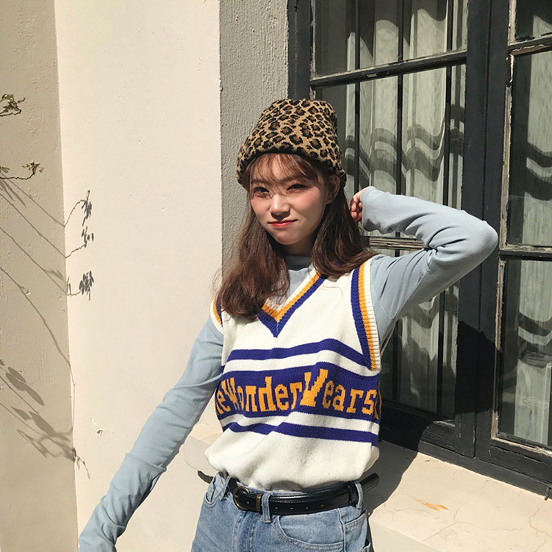 Mũ len mềm họa tiết da báo phong cách retro