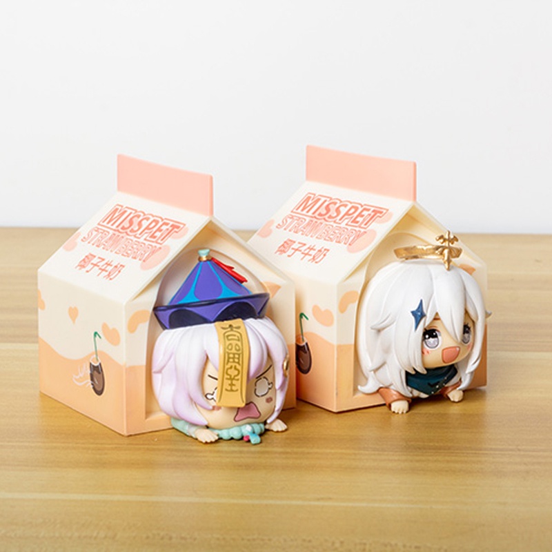 2pcs/set Genshin Impact Qiqi Paimon Milk Box PVC Figure Game Milk House Action Figure Collectibles Model Toys Xmas Gifts