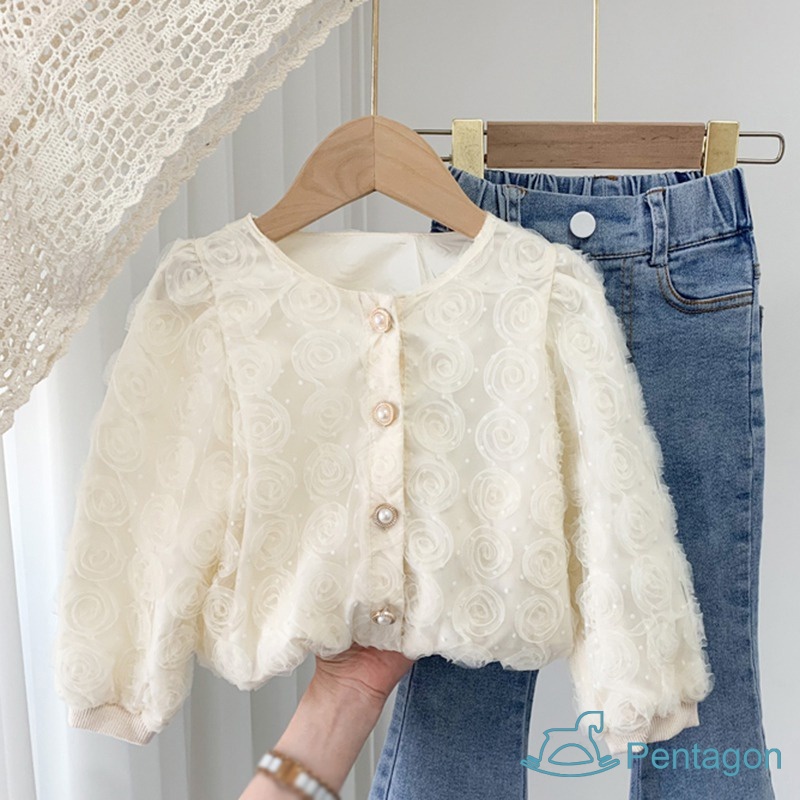 Áo Khoác Cardigan Tay Dài Có Gân Và Nút Ngọc Trai Dễ Thương Dành Cho Bé Gái