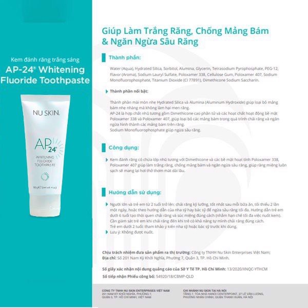 [Mẫu mới] Kem Đánh Trắng Răng NUSKIN AP24 Mỹ