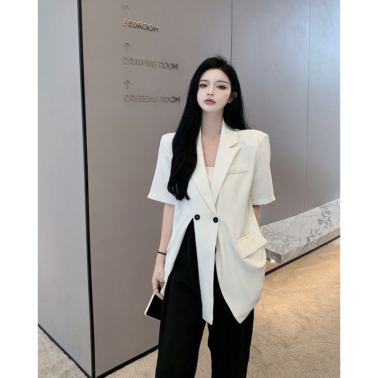 Design sense minority suit jacket women's thin loose temperament forked short suit blouse summer 2022 new style