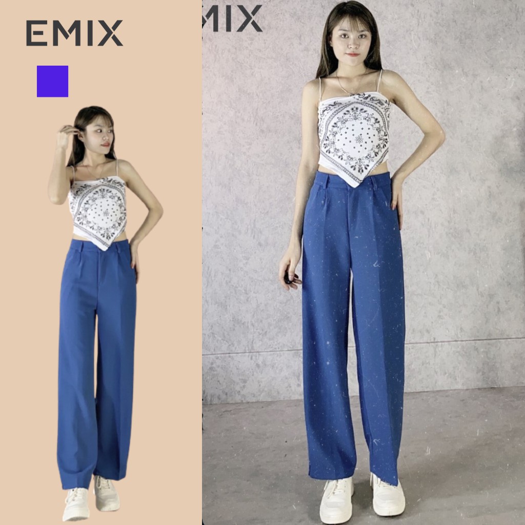 Quần suông nữ đi học suông dài EMIX (màu xanh), dáng rộng, dài 100cm, cạp cao, tôn dáng, chất tuyết mưa, mềm mại 3101