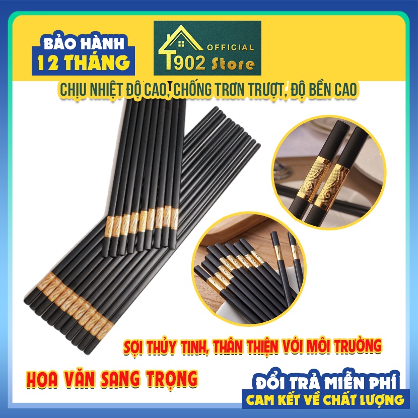 Bộ 10 Đôi Đũa Ăn Mạ Vàng Chống Trơn, Chống Trượt, Chống Mốc, Bền Mầu, An Toàn Cho Sức Khỏe