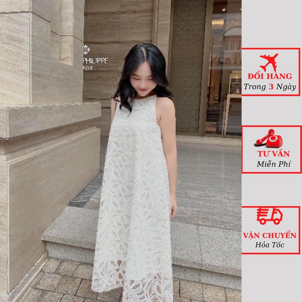 Váy ren nữ hoa nổi cổ yếm dáng suông dài maxi sát nách đi biển du lịch ulzzang Hàn Quốc đầm bầu