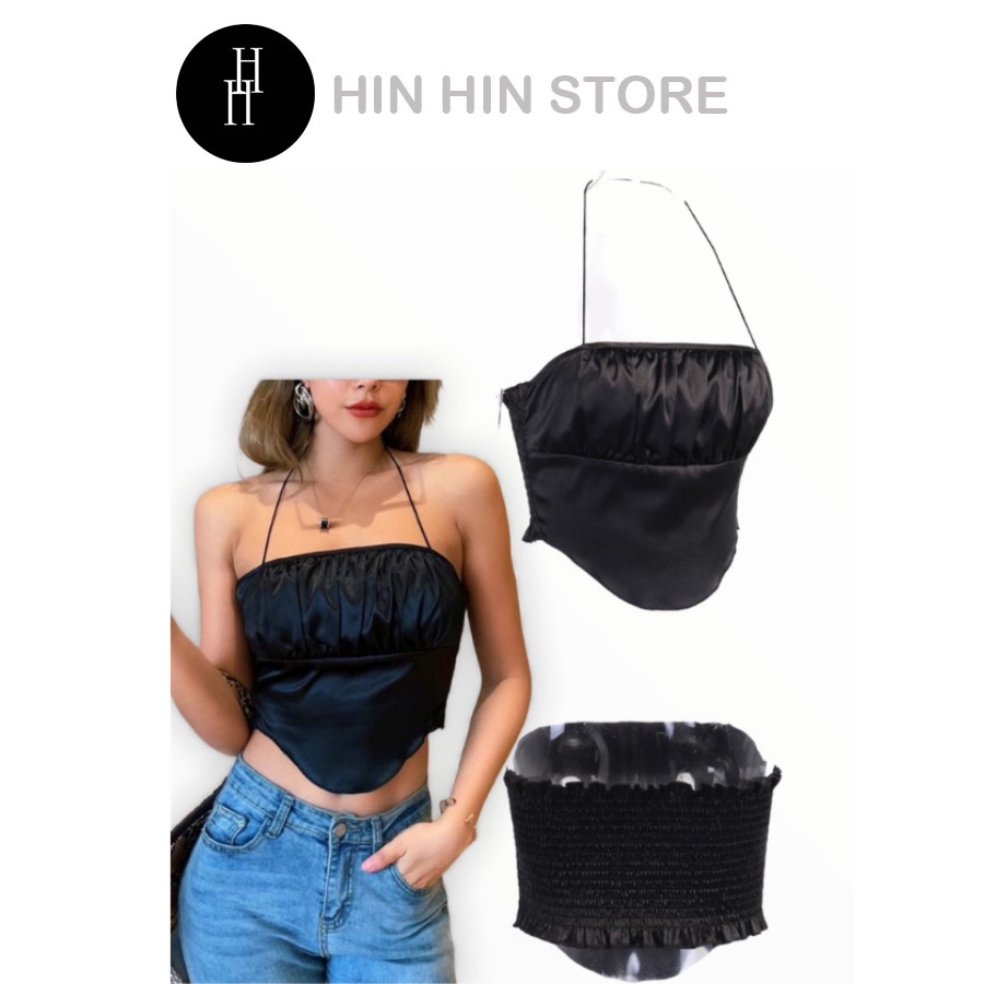 Áo croptop yếm cúp ngực dún thun màu đen HAC93 - Hỉn Hỉn Store