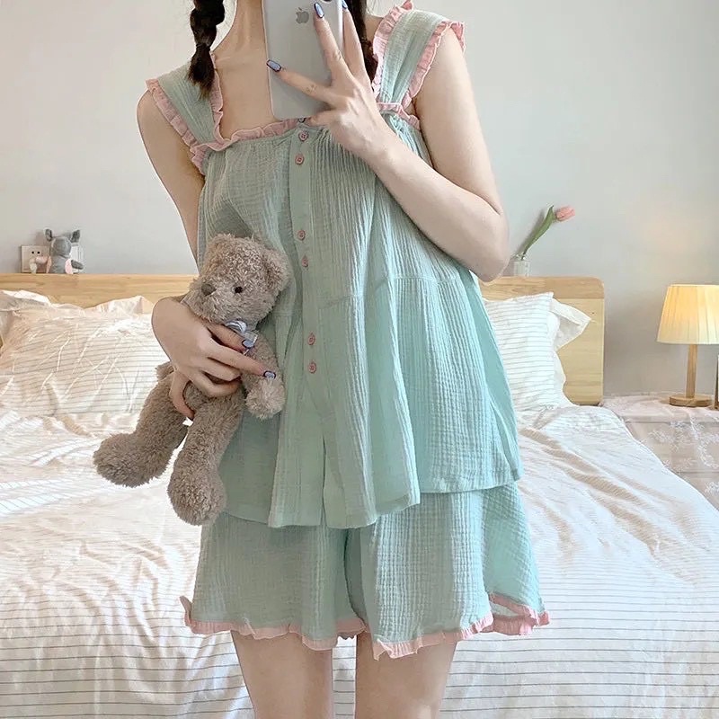 Bộ Ngủ Pyjama Đũi Hàn Xanh Bạc Hà