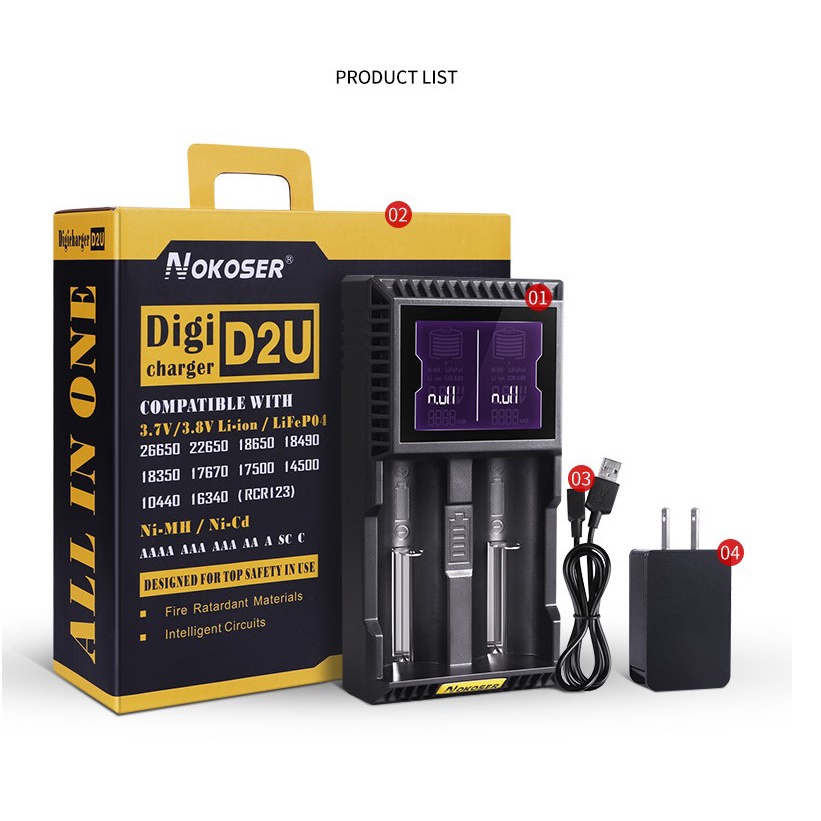 Sạc Pin Đa Năng Thông Minh 1.2V 3.7V NOKOSER D2U Cho Pin Sạc 26650, 22650, 18650, 18490, 18350, 17670, 17500, 14500