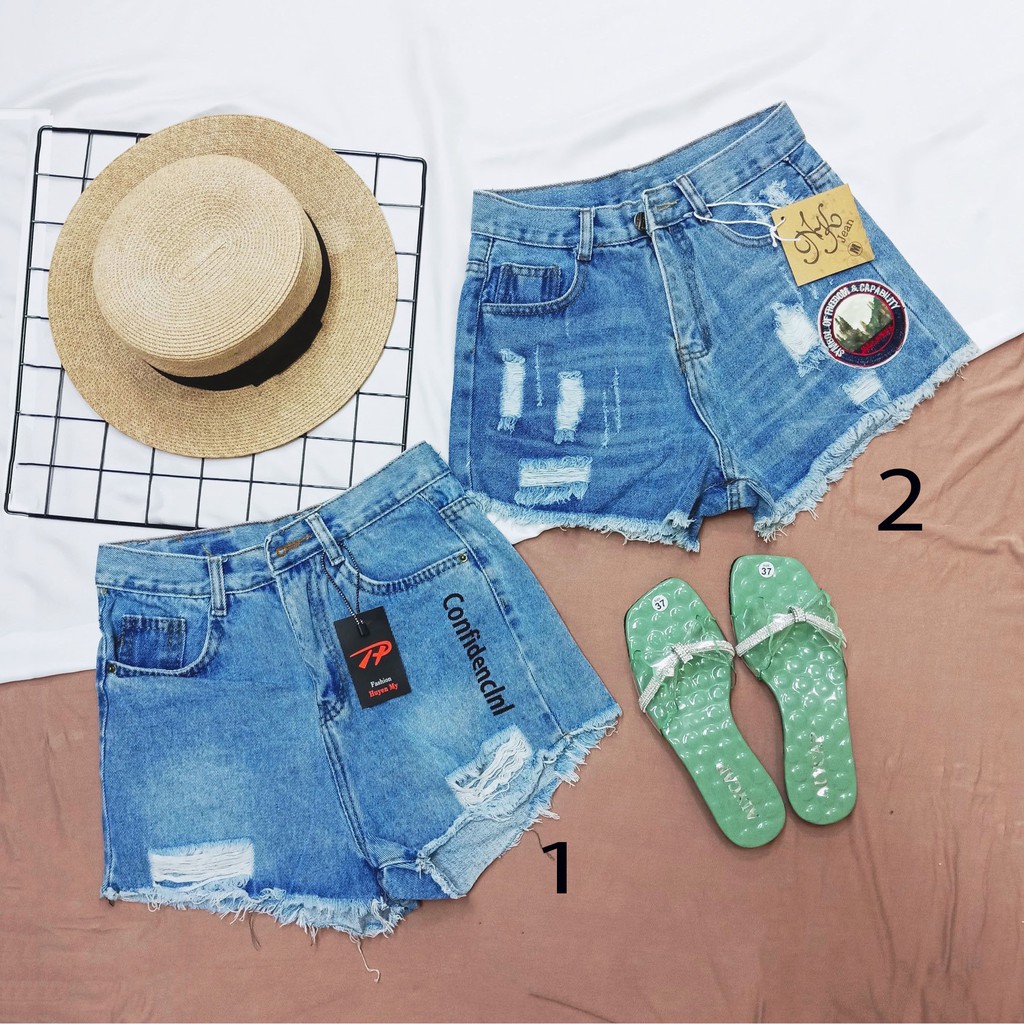 (hình thật) Quần short jean rách lưng cao thêu chữ cá tính - TN01