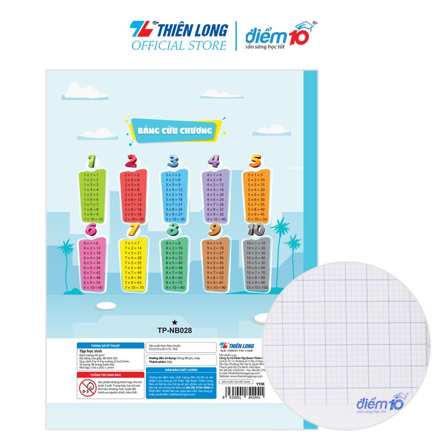 Combo 10 cuốn Tập học sinh 96 trang 4 ô ly vuông 60 gsm Điểm 10 TP-NB028